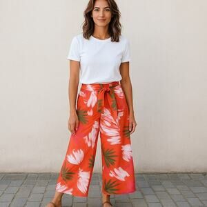 The Free Yoga Wide Leg Pants Women's Sz M Orange Floral Tropical Print Hi Waist